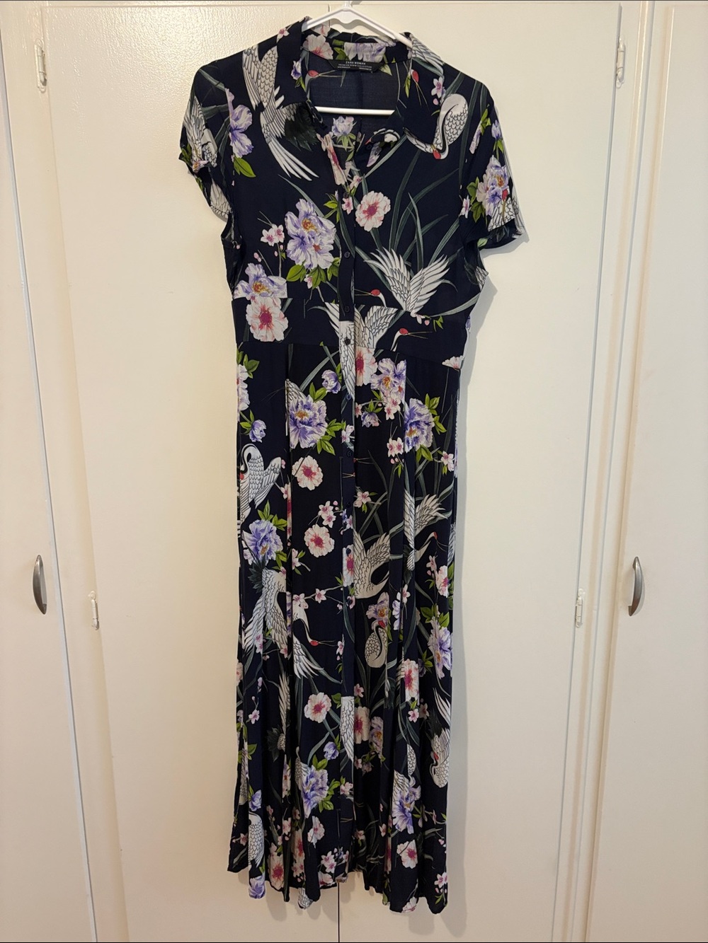 Zara Navy Maxi Dress with White Crane & Floral Print